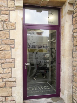 Powder coated single door with transom panel and stainless steel lever handles